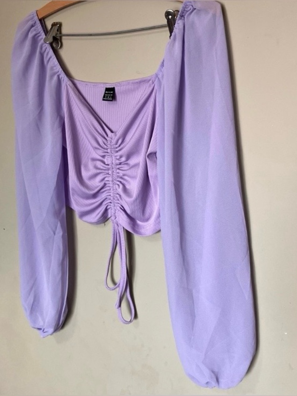 Boture Lavender Sheer Mesh Puff Sleeve Cinch Front Crop Blouse Top Size Medium
